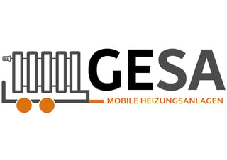 GESA logo featuring mobile heating system with radiator icon, wheels, and German text for mobile heating equipment